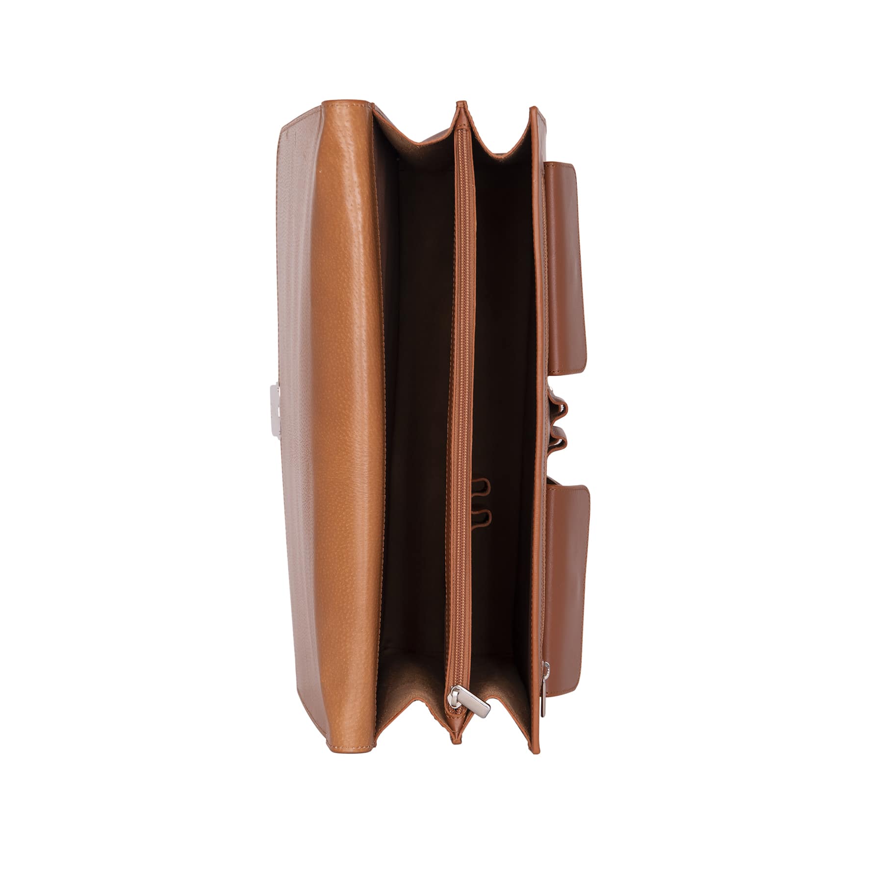 Interior view of the Turin leather briefcase in Persian color showing compartments.