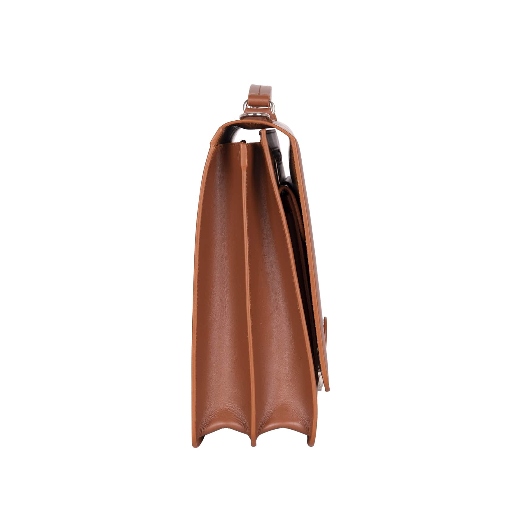 Side profile view of the Turin leather briefcase gusset in Persian tone.